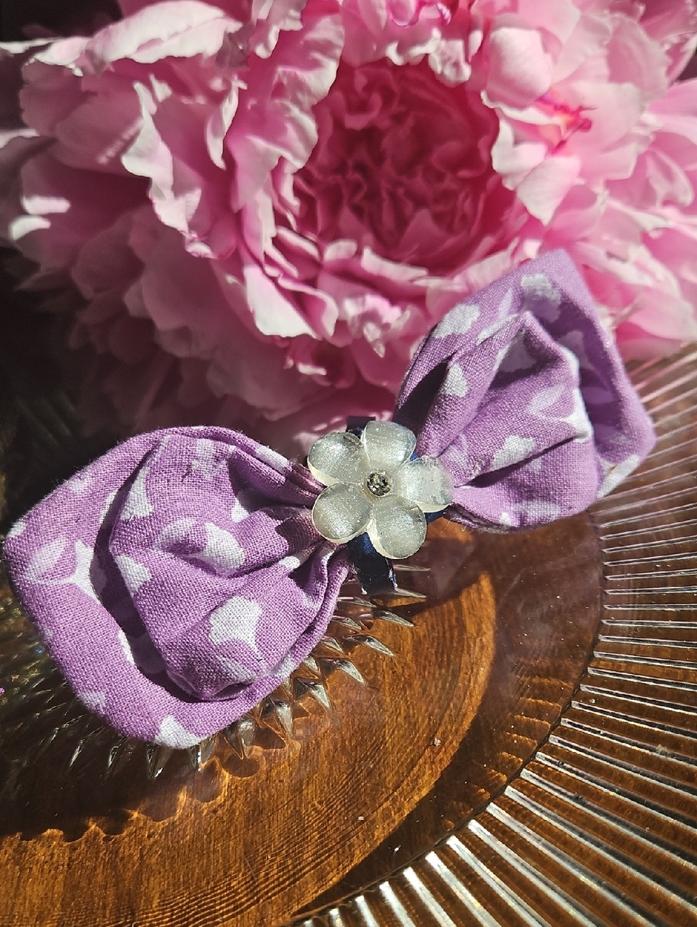 Hand Crafted Dog Collar Bow Tie Crustal Flower Accent NEW